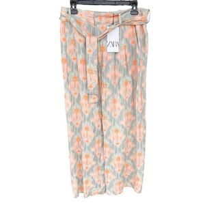 ZARA peach teal watercolor linen blend paperbag wide leg tie pants NWT Sz L